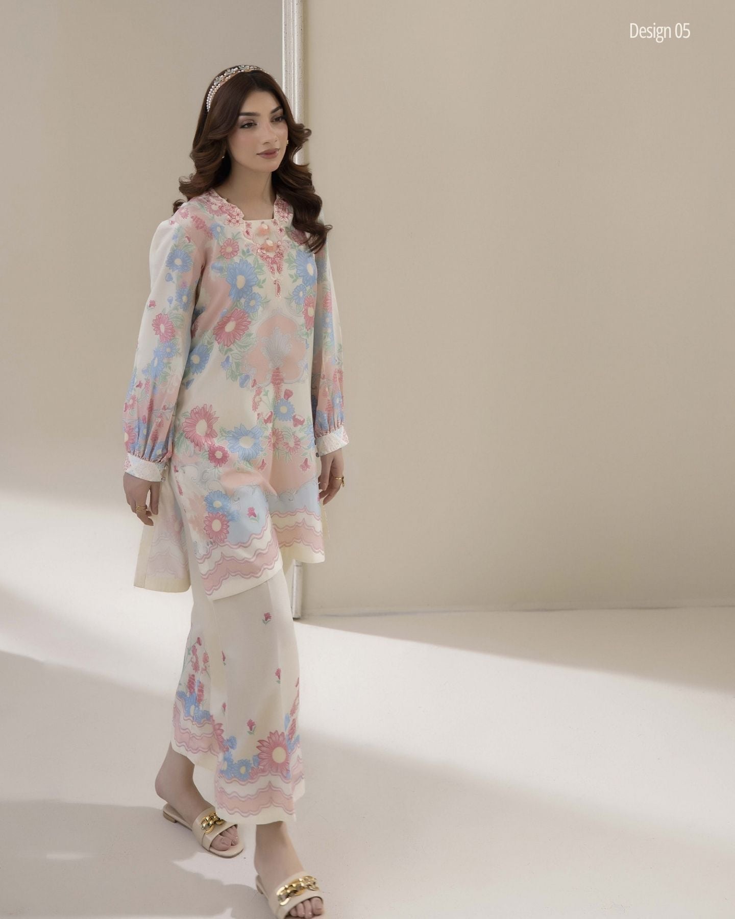 Traditional Threads Printed & Embroidered Pure Lawn Co-ord Set - Pastel Bloom MA05