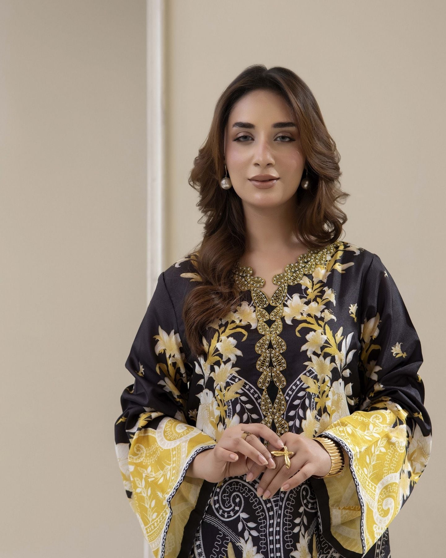 Traditional Threads Printed & Embroidered Pure Lawn Co-ord Set - Midnight Gold MA02