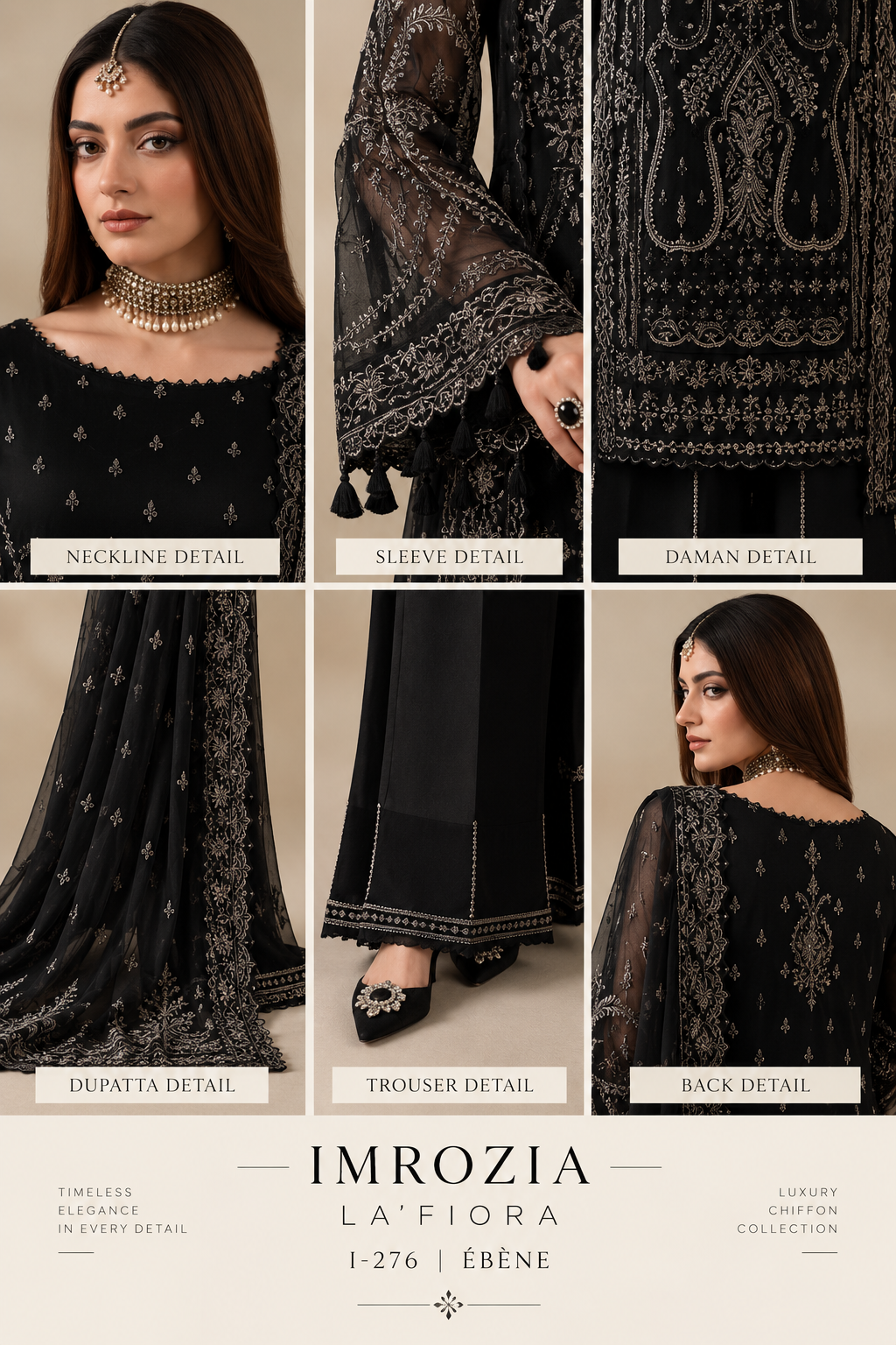 Imrozia La’Fiora I-276 Ébène Luxury Chiffon Embroidered 3 Piece Suit – Black MT08