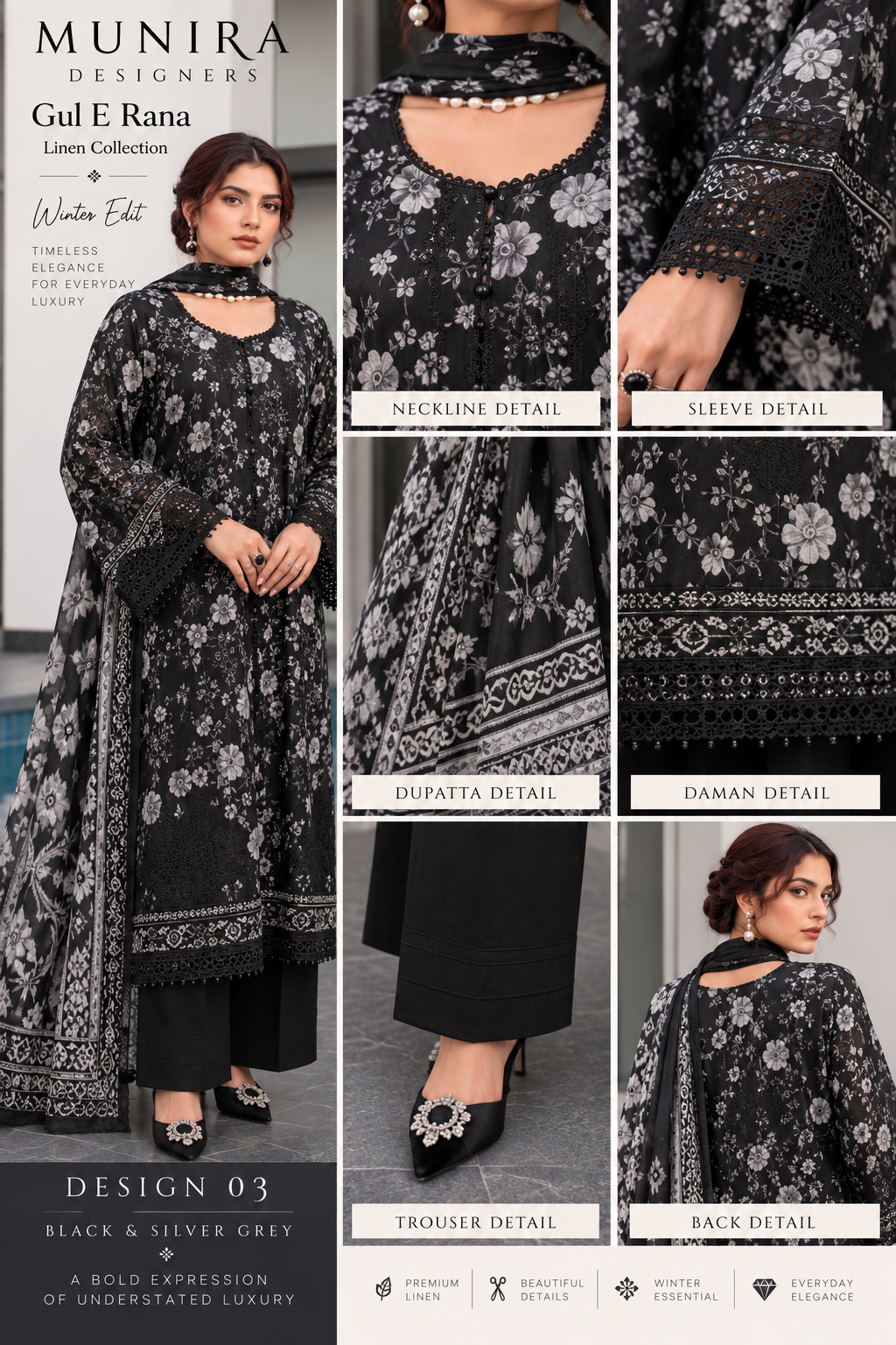 Munira Designers Gul E Rana Linen 3 Piece Suit – Black & Silver Grey MT03