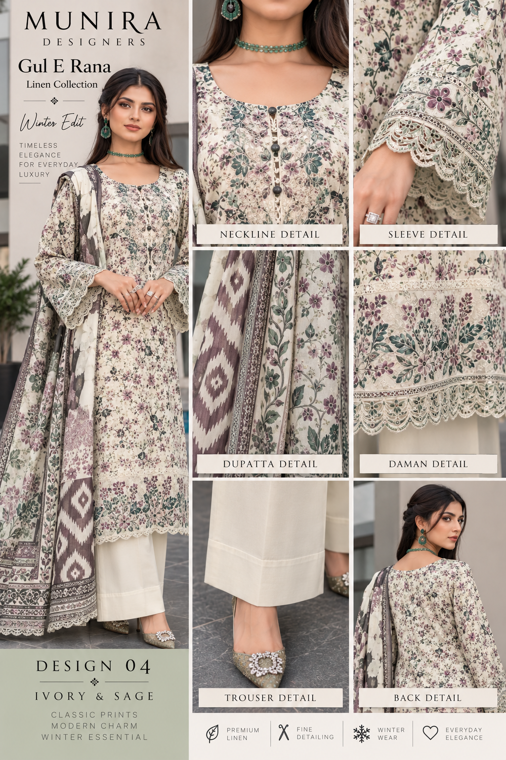 Munira Designers Gul E Rana Linen 3 Piece Suit – Ivory & Sage MT04