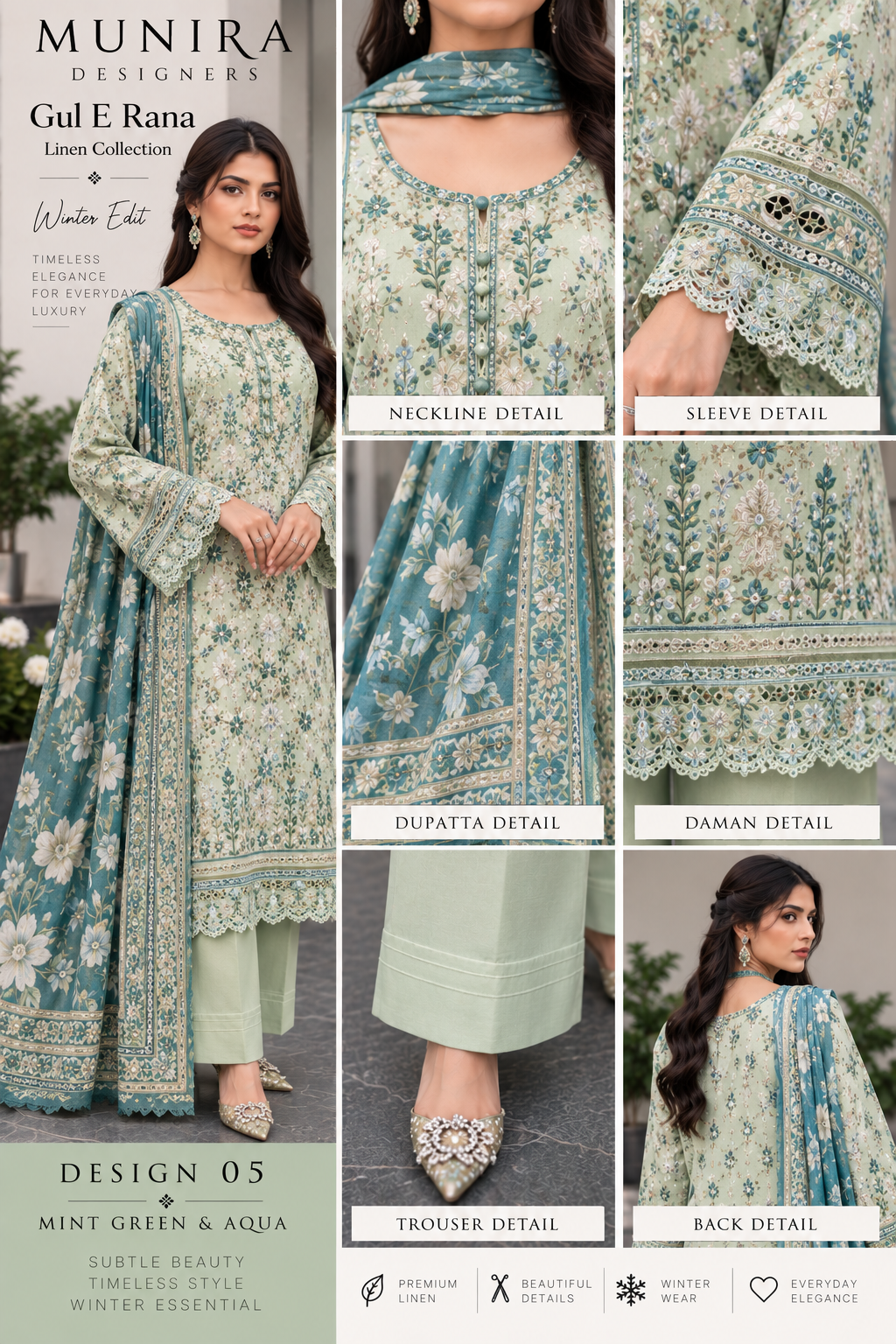 Munira Designers Gul E Rana Linen 3 Piece Suit – Mint Green & Aqua MT05