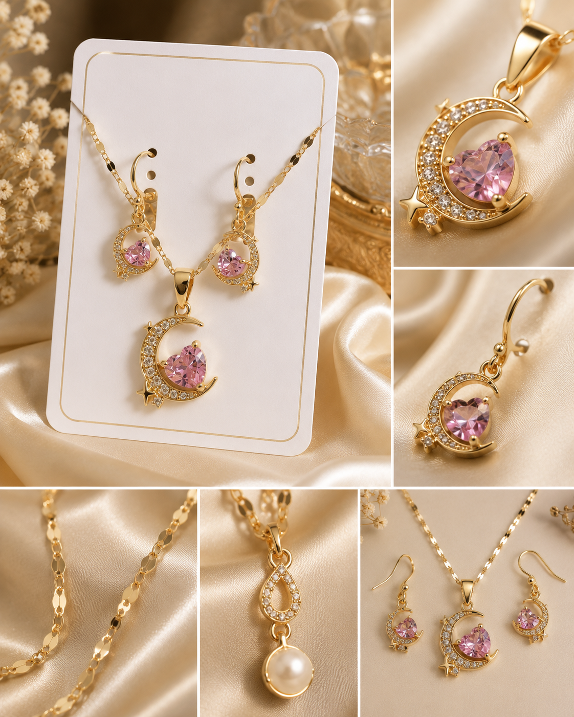 Blush Pink Heart Moon & Star Jewellery Set – Necklace & Earrings MT03
