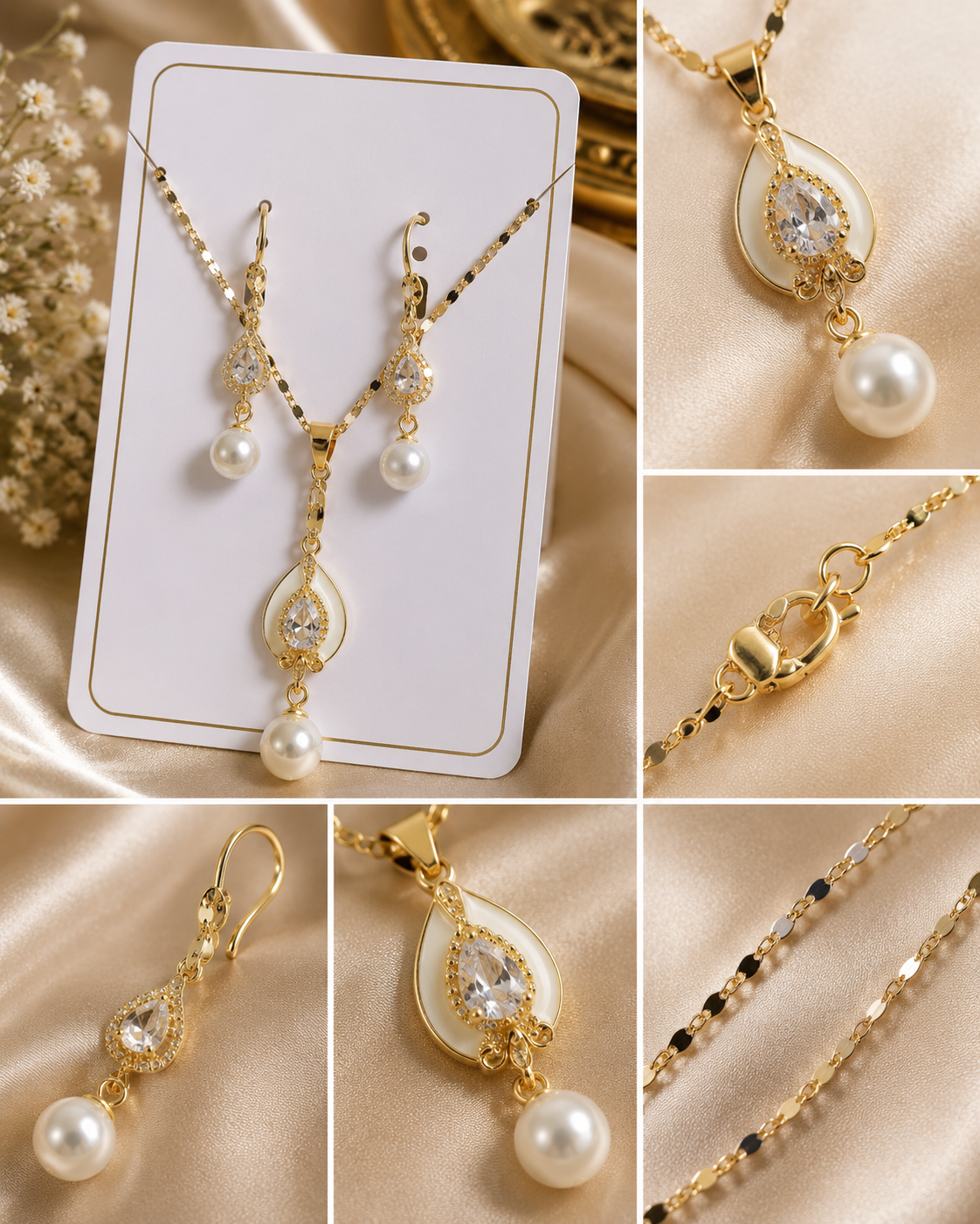 Pearl Drop Teardrop Jewellery Set – Gold Necklace & Earrings MT04