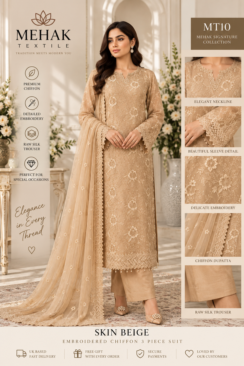 Mehak Signature Skin Beige Embroidered Chiffon 3 Piece Suit – MT10