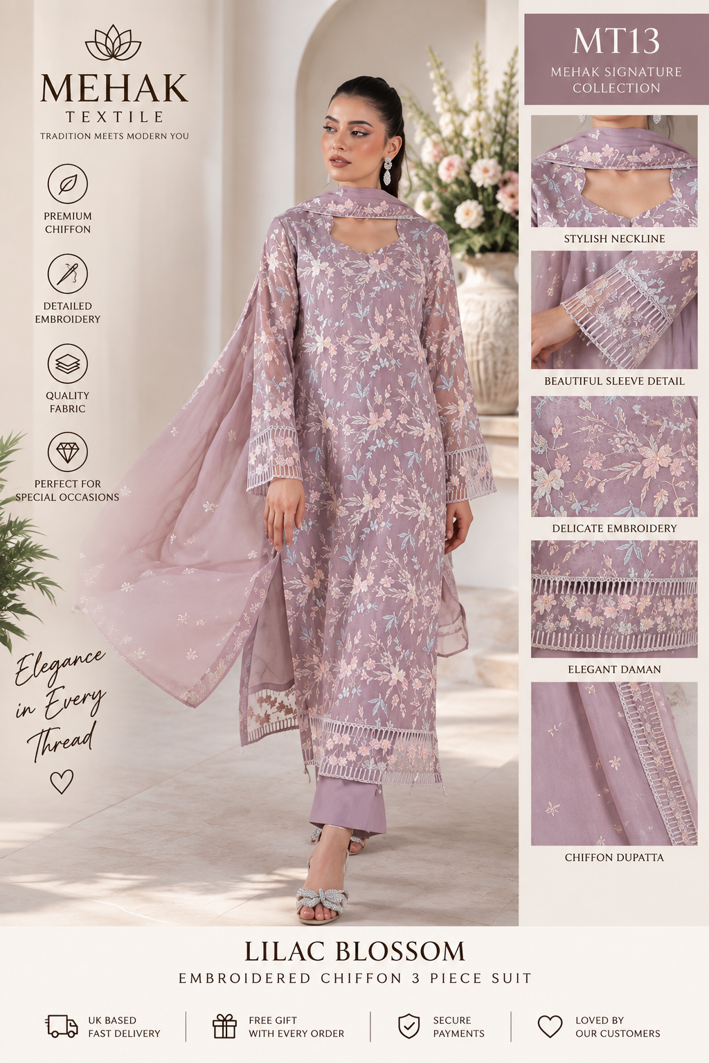 Mehak Signature Lilac Blossom Embroidered Chiffon 3 Piece Suit – MT13