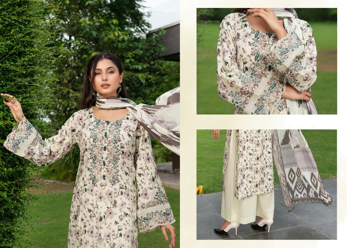 Munira Designers Gul E Rana Linen 3 Piece Suit – Ivory & Sage MT04