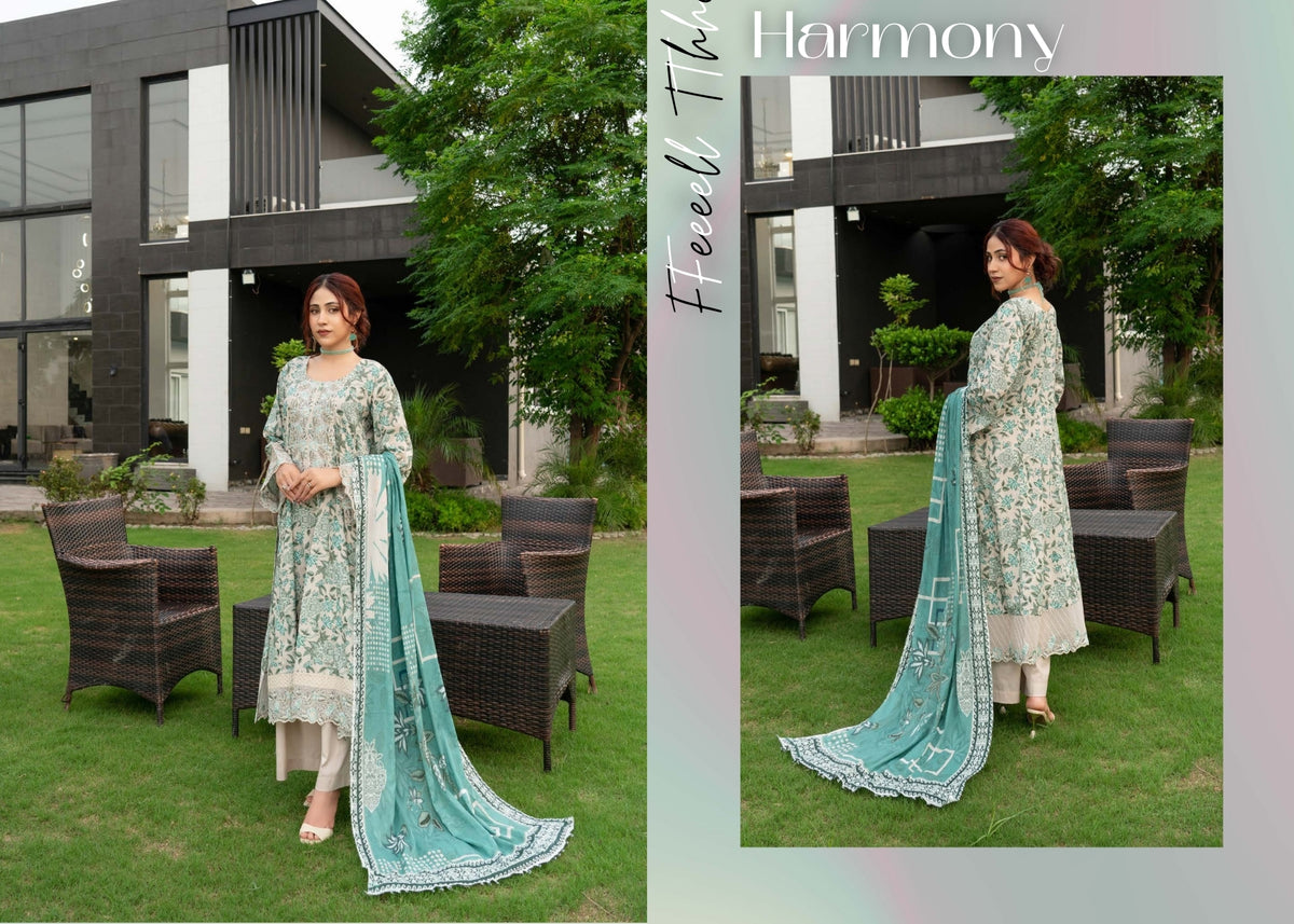 Munira Designers Gul E Rana Linen 3 Piece Suit – Mint Green & Aqua MT05