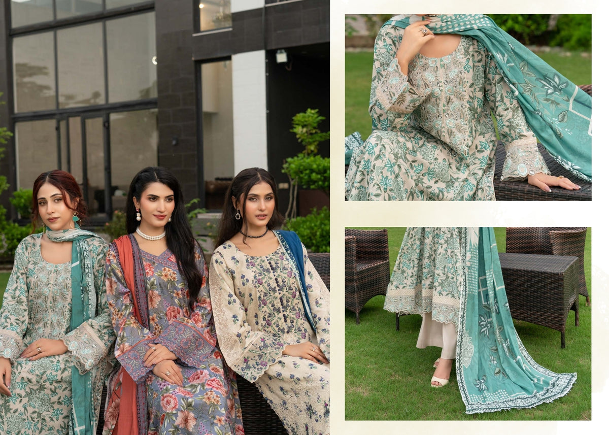 Munira Designers Gul E Rana Linen 3 Piece Suit – Mint Green & Aqua MT05
