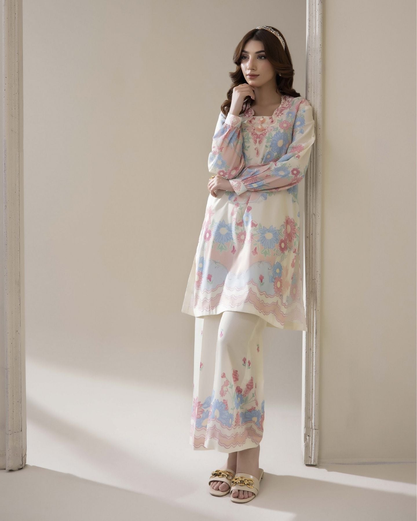 Traditional Threads Printed & Embroidered Pure Lawn Co-ord Set - Pastel Bloom MA05