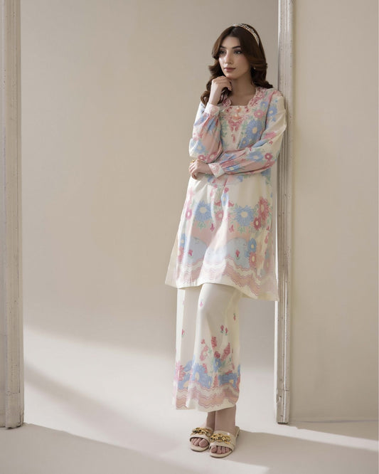 Traditional Threads Printed & Embroidered Pure Lawn Co-ord Set - Pastel Bloom MA05