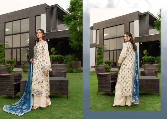 Munira Designers Gul E Rana Linen 3 Piece Suit – Cream & Royal Blue MT06