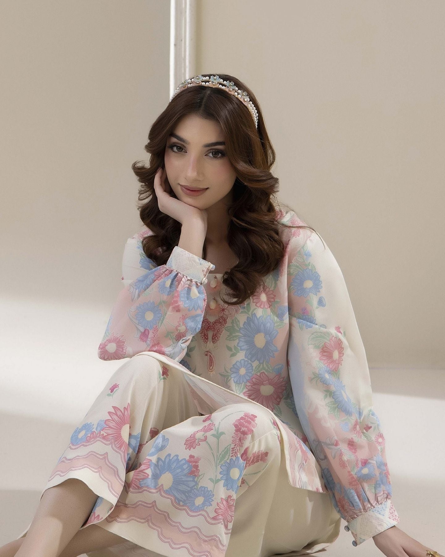Traditional Threads Printed & Embroidered Pure Lawn Co-ord Set - Pastel Bloom MA05