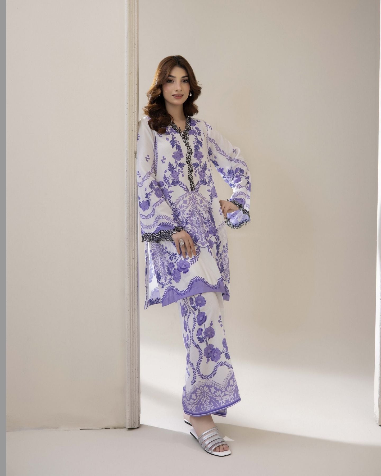 Traditional Threads Printed & Embroidered Pure Lawn Co-ord Set - Lavender Grace MA09