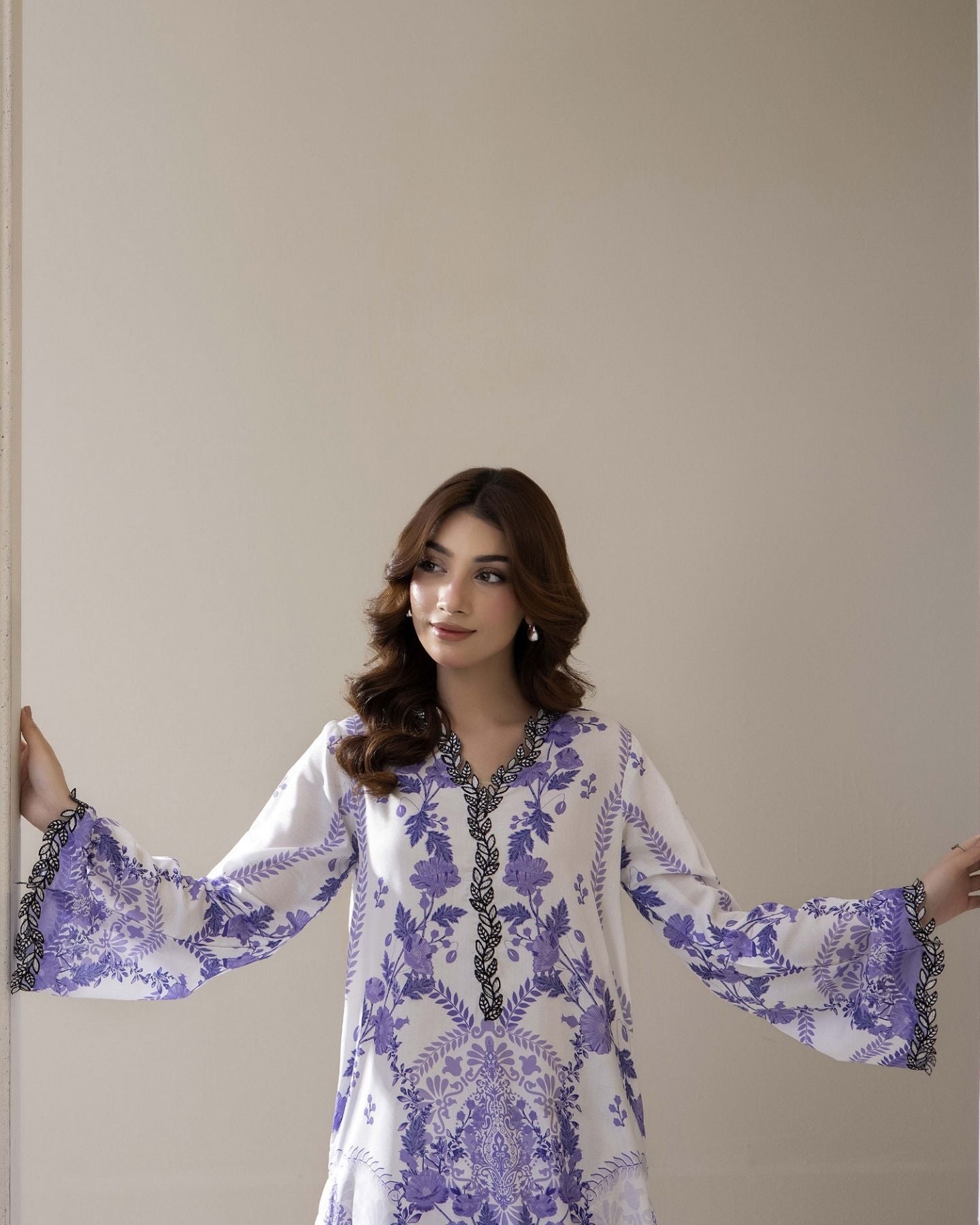 Traditional Threads Printed & Embroidered Pure Lawn Co-ord Set - Lavender Grace MA09