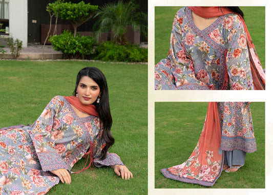 Munira Designers Gul E Rana Linen 3 Piece Suit – Slate Grey & Coral MT07