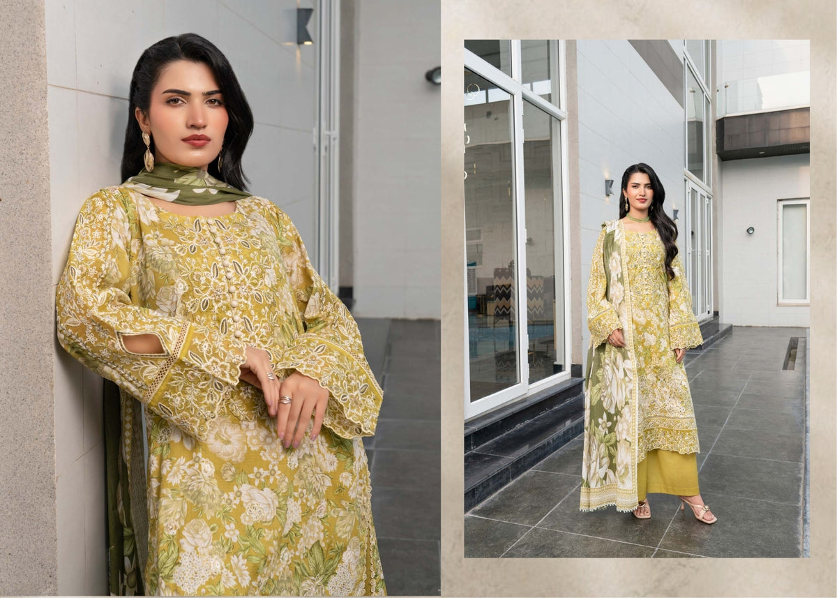 Munira Designers Gul E Rana Embroidered Linen 3 Piece Suit – Mustard Olive MT01