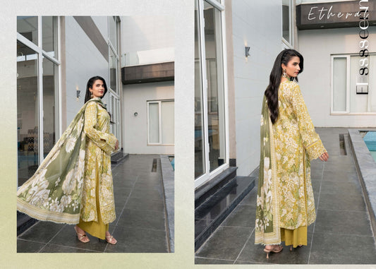 Munira Designers Gul E Rana Embroidered Linen 3 Piece Suit – Mustard Olive MT01