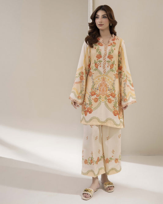 Traditional Threads MA01 Printed & Embroidered Pure Lawn Co-ord Set - Peach Blossom