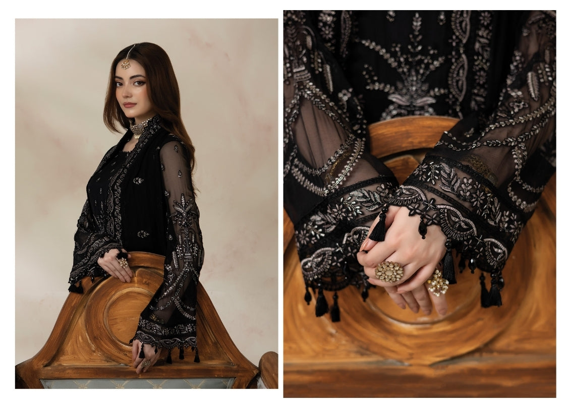 Imrozia La’Fiora I-276 Ébène Luxury Chiffon Embroidered 3 Piece Suit – Black MT08