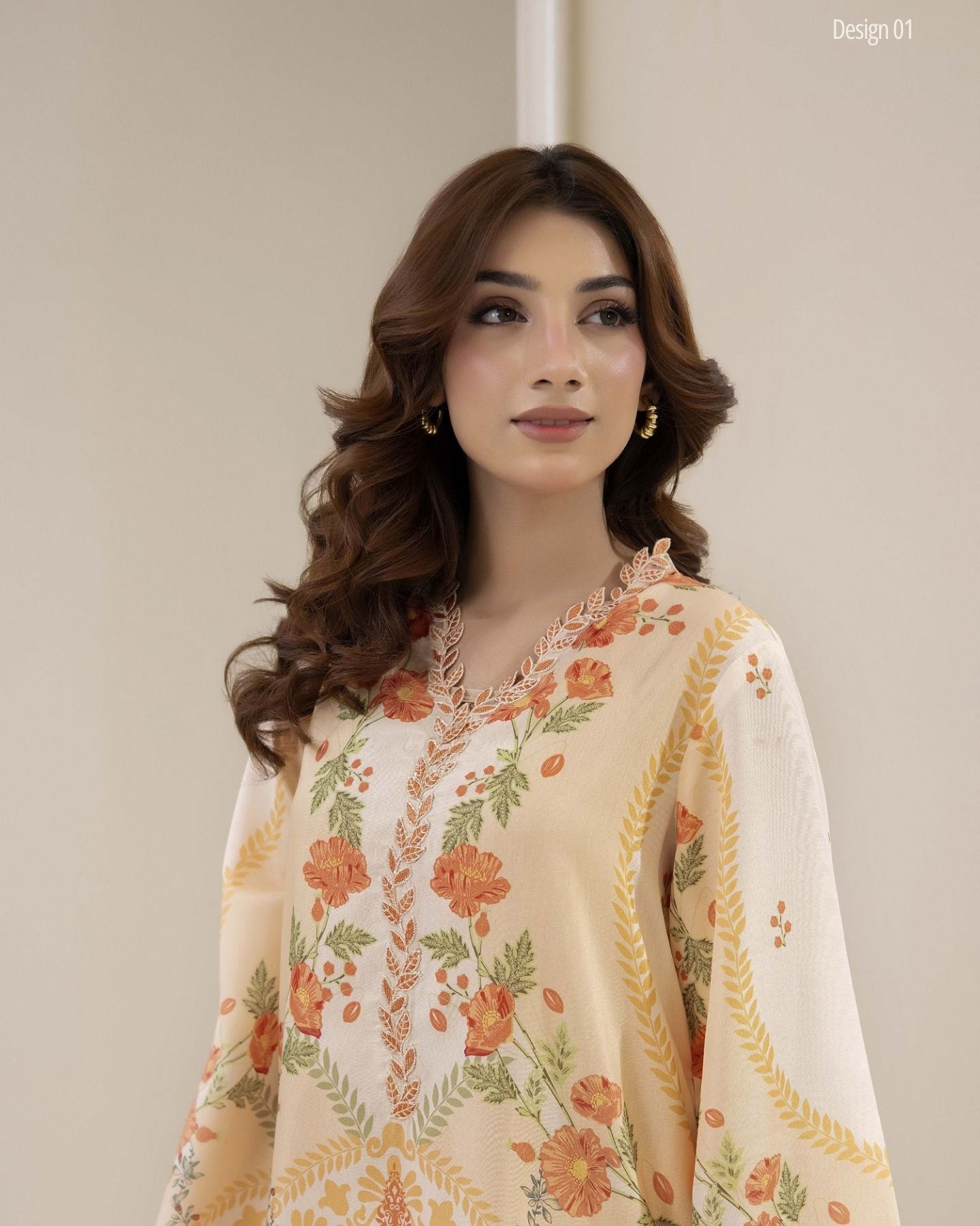 Traditional Threads MA01 Printed & Embroidered Pure Lawn Co-ord Set - Peach Blossom