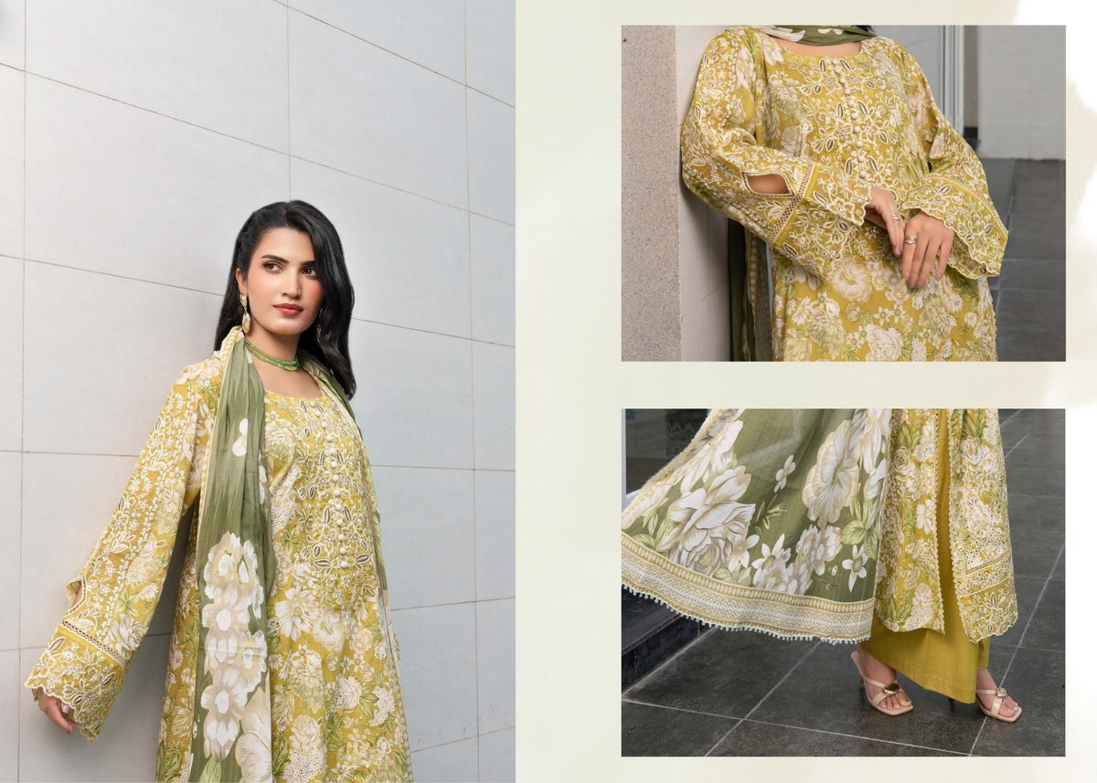 Munira Designers Gul E Rana Embroidered Linen 3 Piece Suit – Mustard Olive MT01