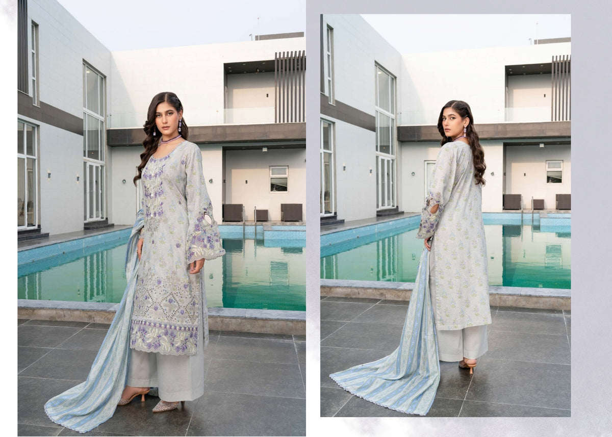 Munira Designers Gul E Rana Embroidered Linen 3 Piece Suit – Ice Blue & Lilac MT02