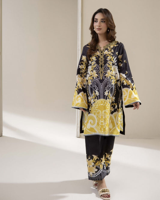Traditional Threads Printed & Embroidered Pure Lawn Co-ord Set - Midnight Gold MA02