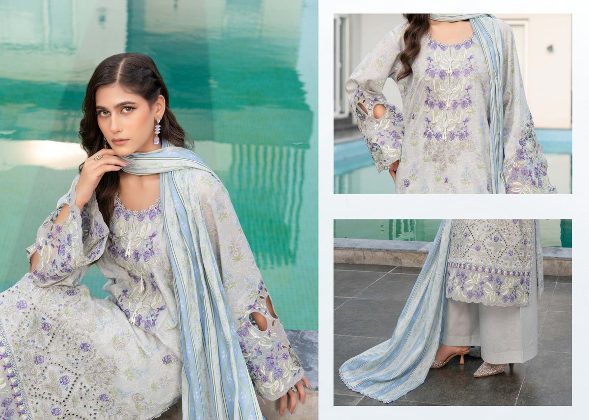 Munira Designers Gul E Rana Embroidered Linen 3 Piece Suit – Ice Blue & Lilac MT02