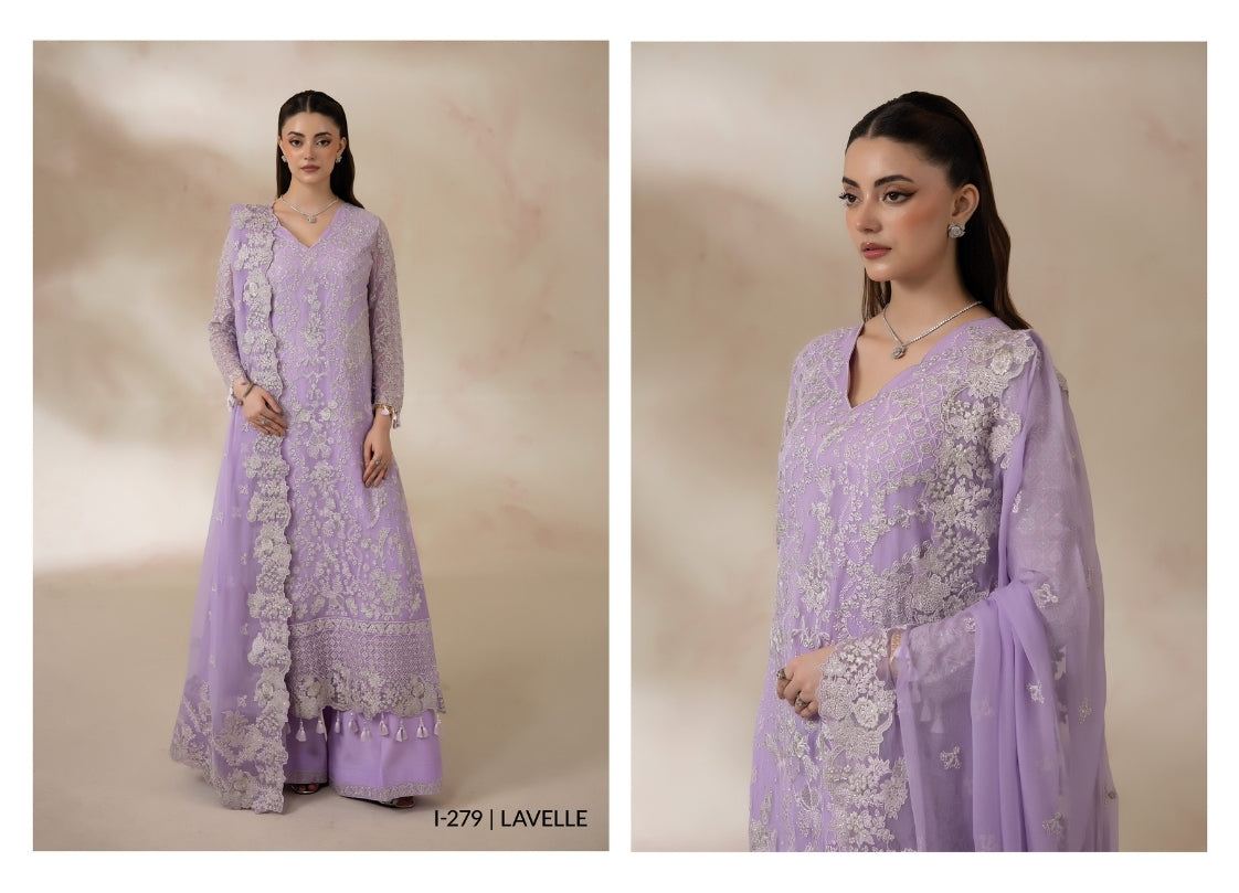 Imrozia La’Fiora I-279 Lavelle Luxury Chiffon Embroidered 3 Piece Suit – Lavender MT10