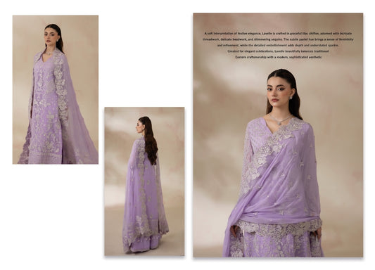 Imrozia La’Fiora I-279 Lavelle Luxury Chiffon Embroidered 3 Piece Suit – Lavender MT10
