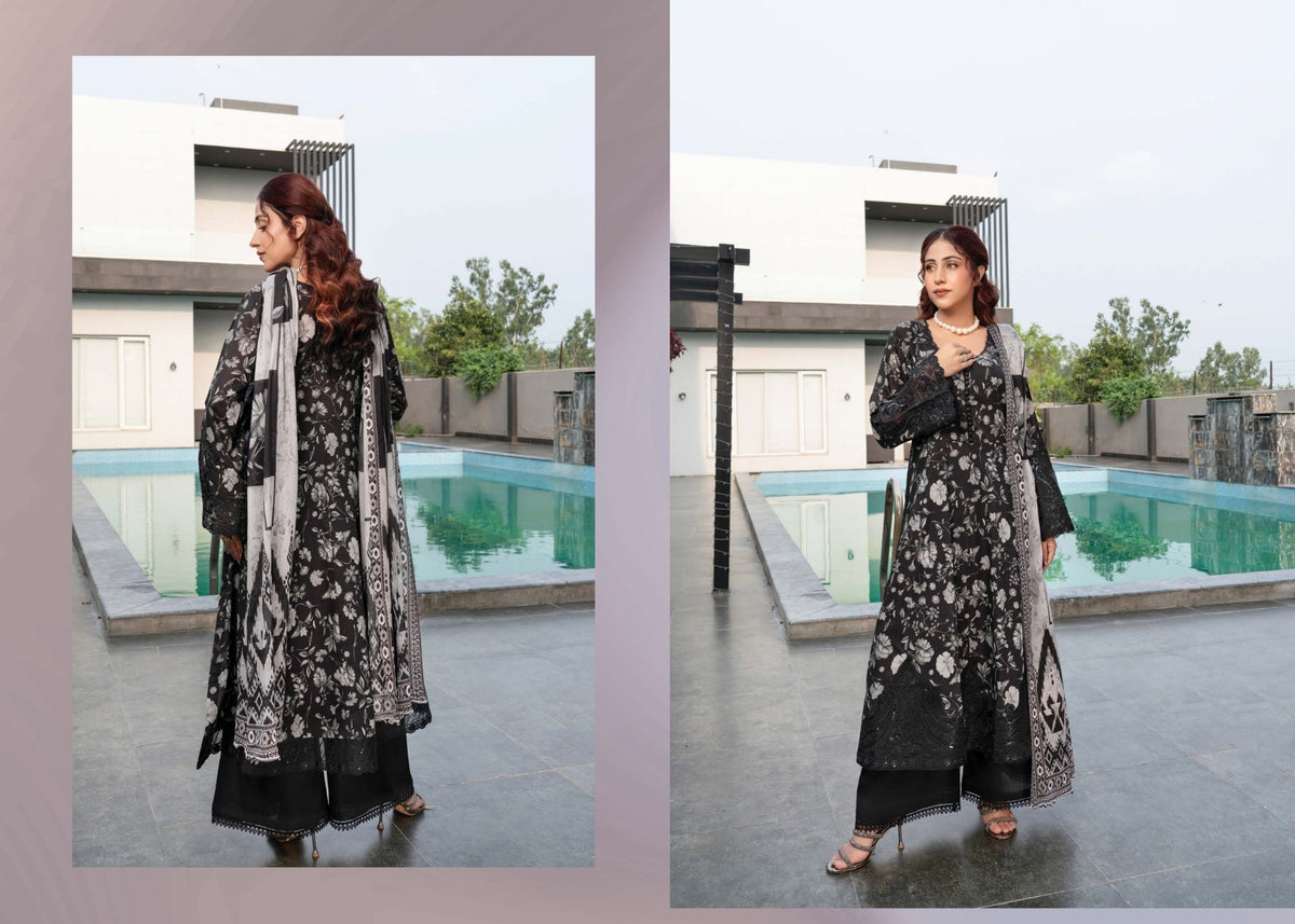 Munira Designers Gul E Rana Linen 3 Piece Suit – Black & Silver Grey MT03
