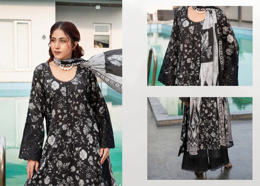 Munira Designers Gul E Rana Linen 3 Piece Suit – Black & Silver Grey MT03