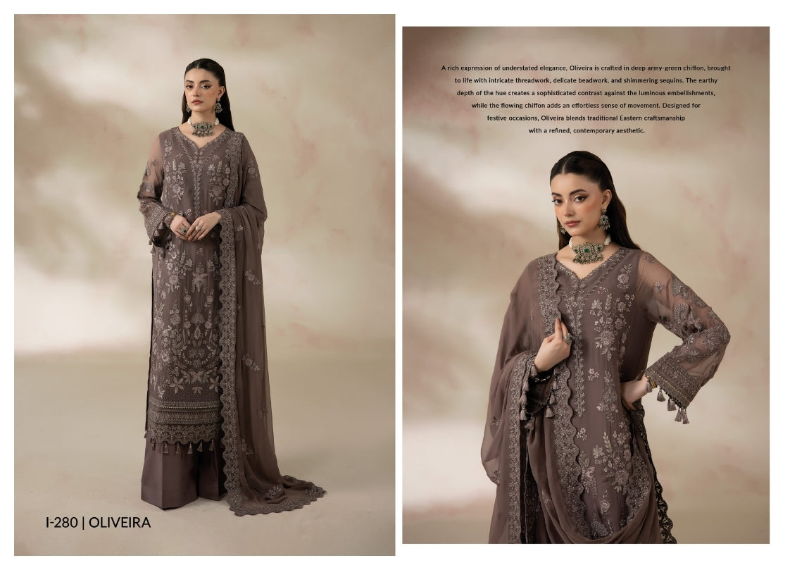 Imrozia La’Fiora I-280 Oliveira Luxury Chiffon Embroidered 3 Piece Suit – Mocha Brown MT11