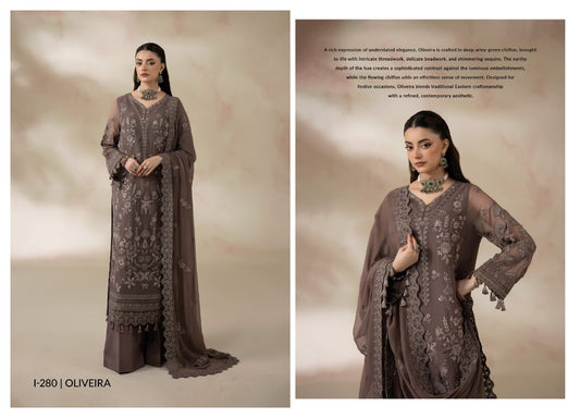 Imrozia La’Fiora I-280 Oliveira Luxury Chiffon Embroidered 3 Piece Suit – Mocha Brown MT11