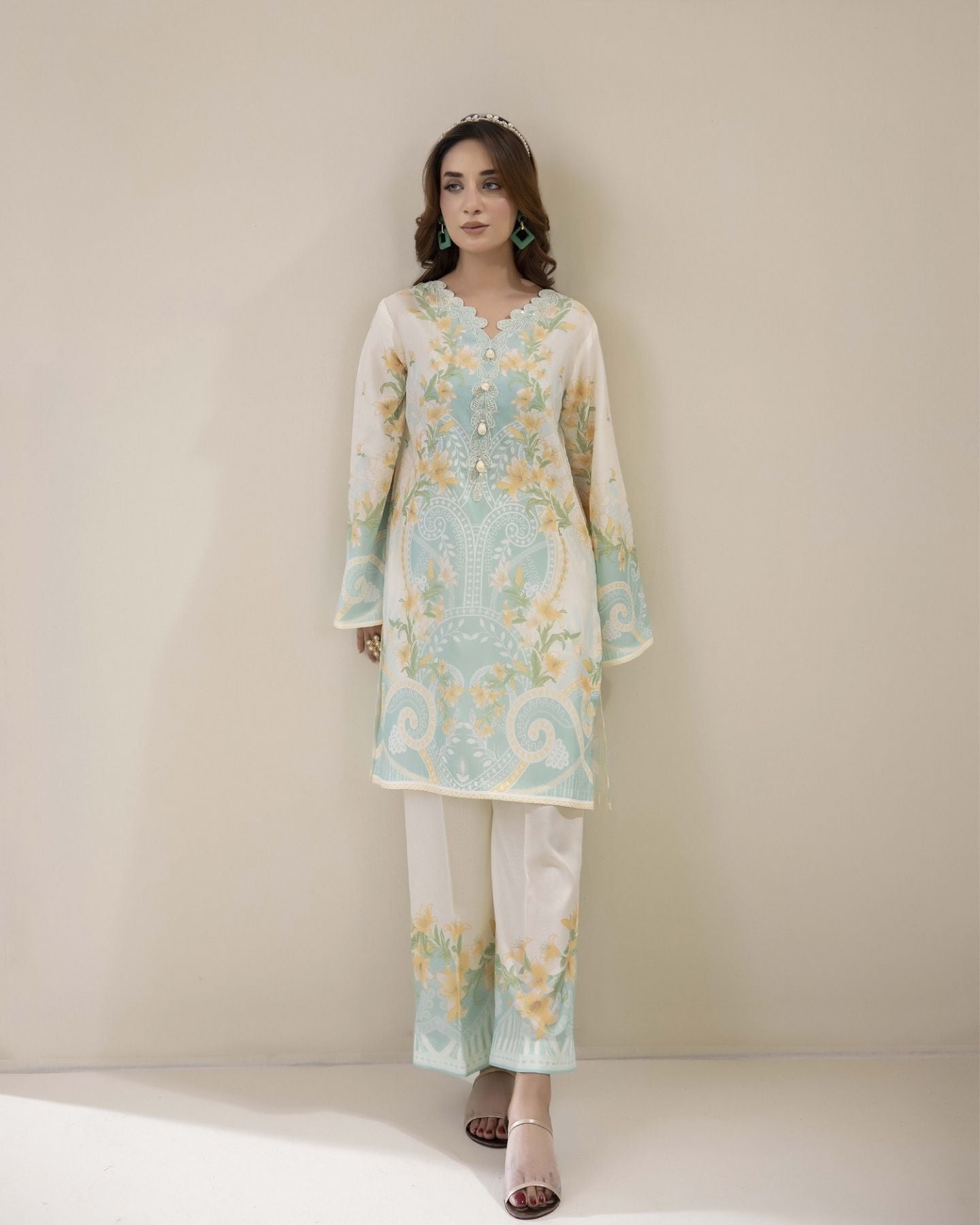 Traditional Threads Printed & Embroidered Pure Lawn Co-ord Set - Mint Blossom MA03