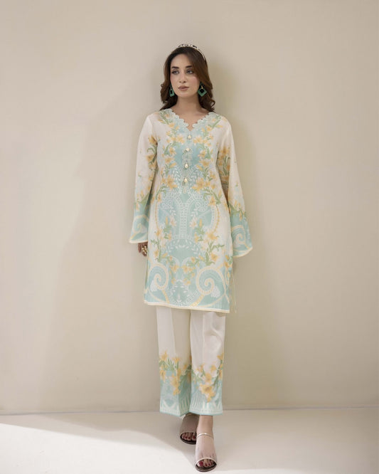 Traditional Threads Printed & Embroidered Pure Lawn Co-ord Set - Mint Blossom MA03