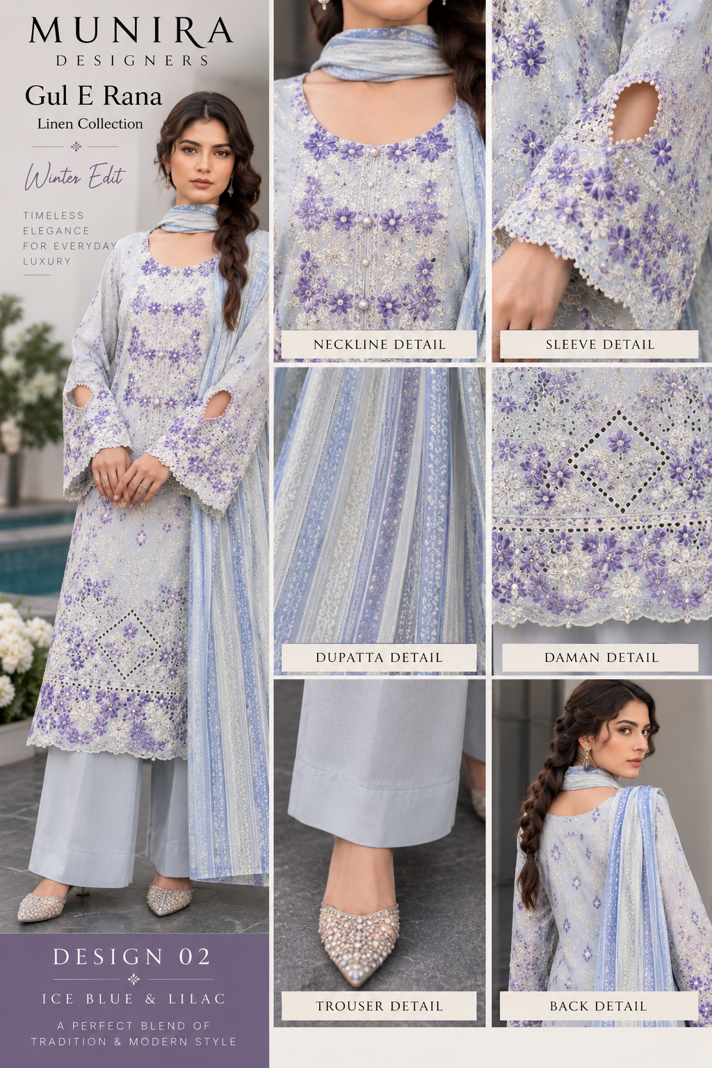Munira Designers Gul E Rana Embroidered Linen 3 Piece Suit – Ice Blue & Lilac MT02