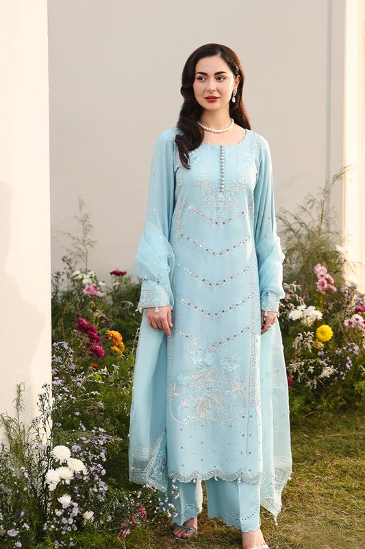 Simrans Sky Blue Luxury Embroidered Eid Suit with Organza Dupatta – MTF6