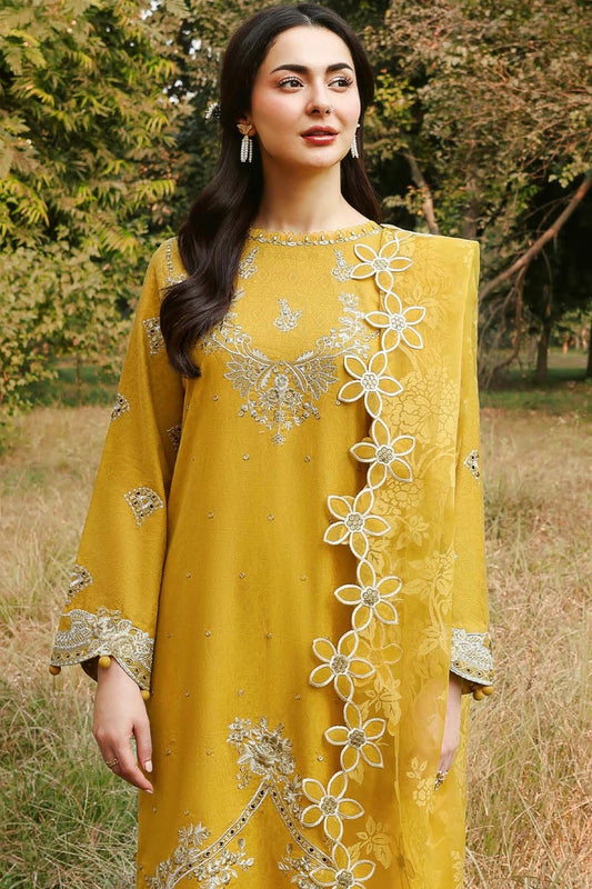 Simrans Mustard Gold Festive Embroidered Eid Suit with Organza Dupatta – MTF5