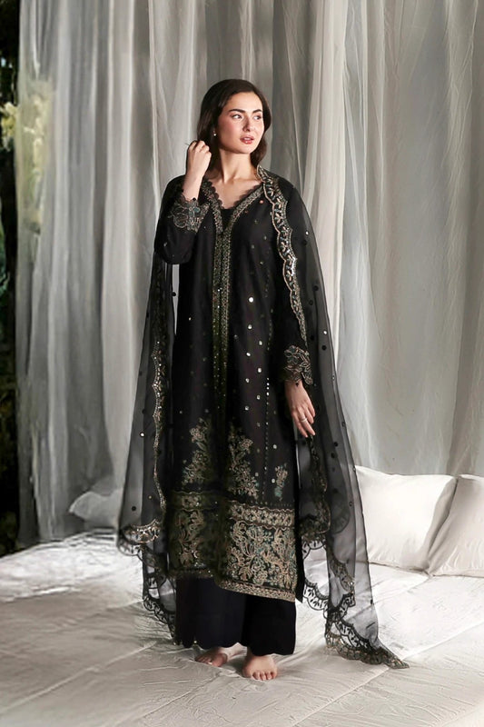 Simrans Midnight Black Luxury Embroidered Eid Suit with Organza Dupatta – MTF4