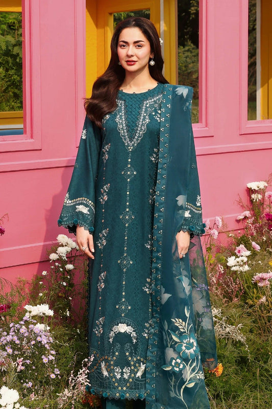 Simrans Emerald Teal Luxury Embroidered Eid Suit with Organza Dupatta – MTF1