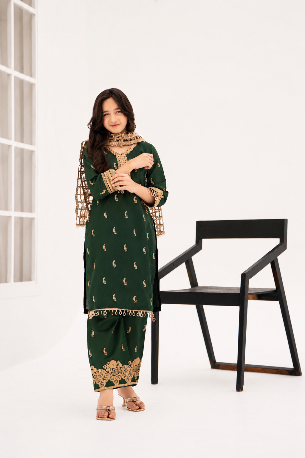AJ Threads Embroidered Raw Silk Kids Suit with Sheesh Dupatta - Emerald Green KT04