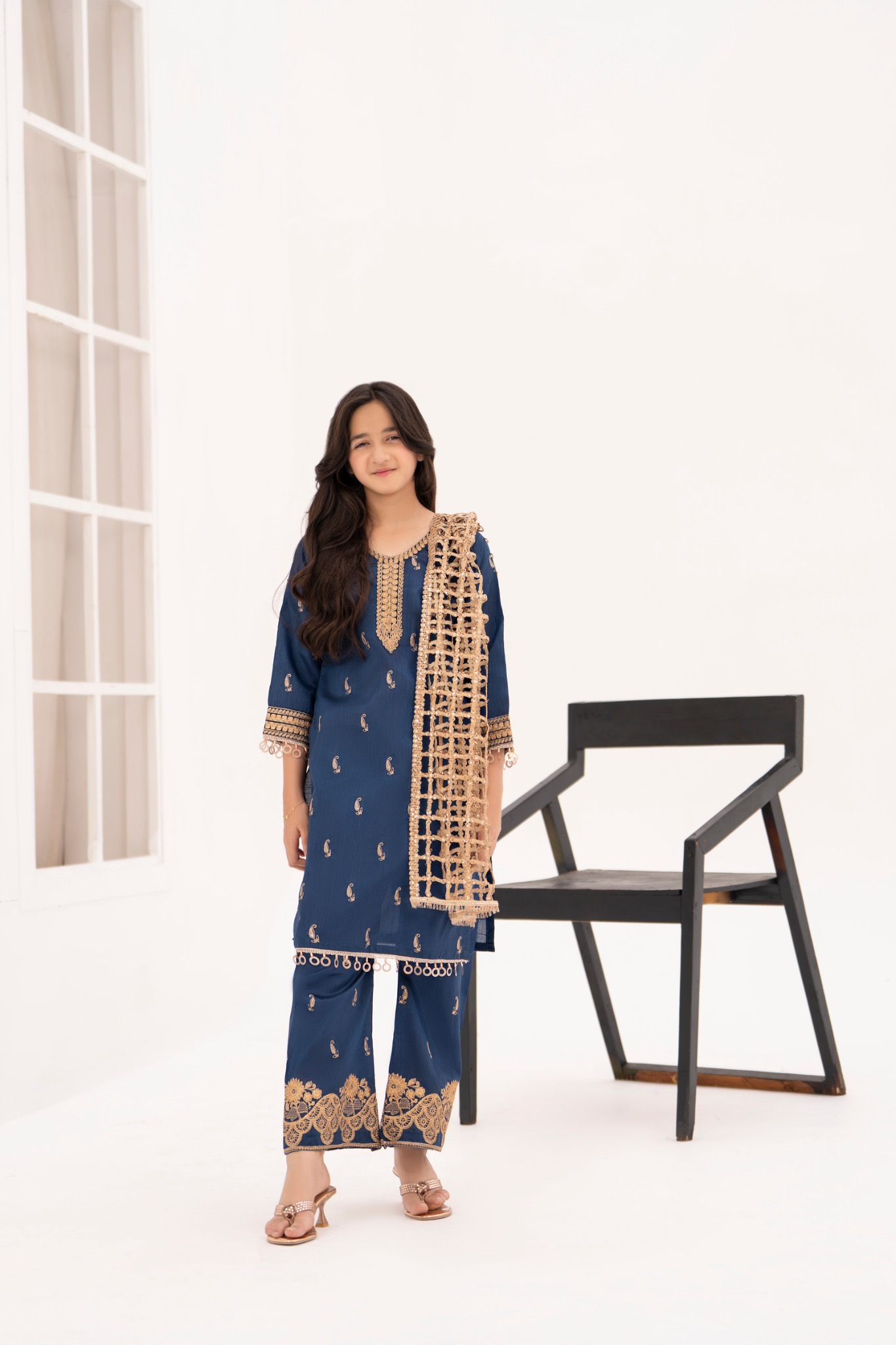AJ Threads Embroidered Raw Silk Kids Suit with Sheesh Dupatta - Royal Navy KT07