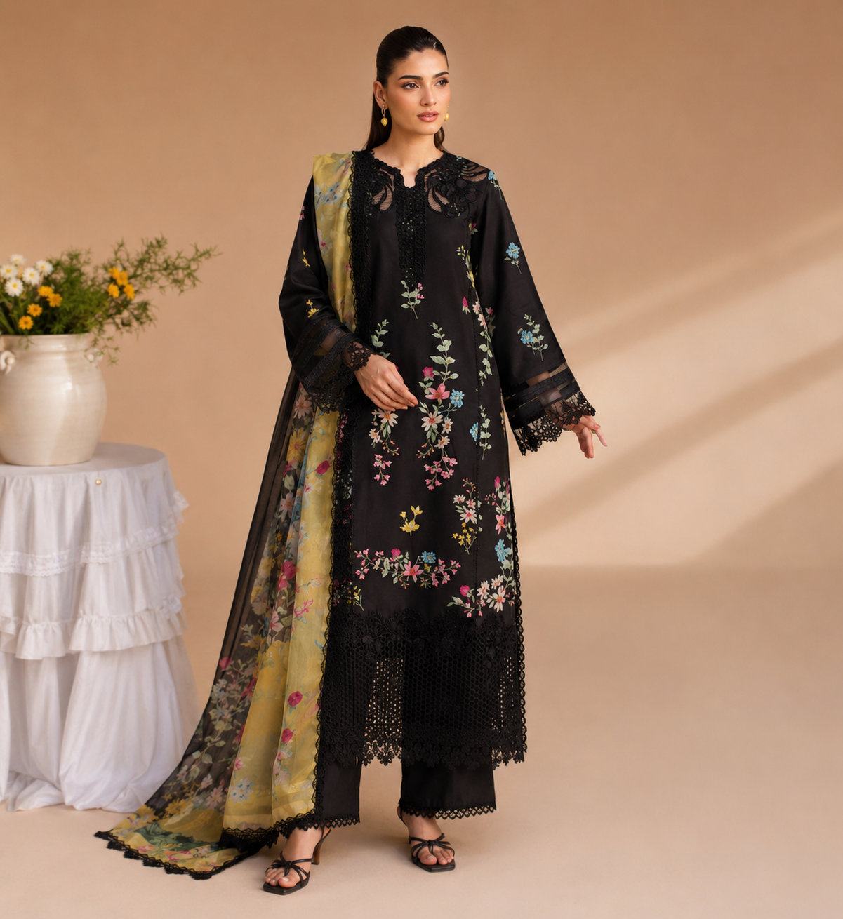 ✨ Mehak Textile Premium Printed Lawn 3 Piece Suit – Midnight Floral Elegance 4 suit set