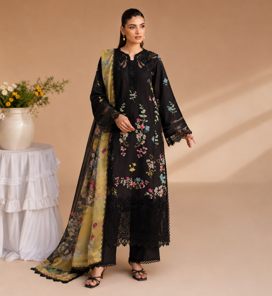 ✨ Mehak Textile Premium Printed Lawn 3 Piece Suit – Midnight Floral Elegance 4 suit set