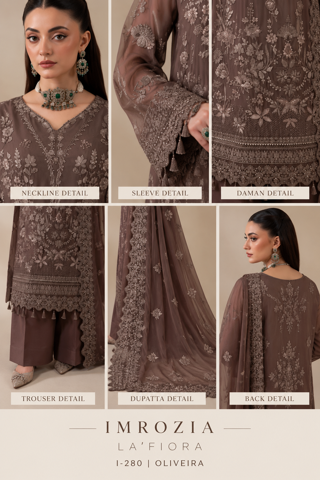 Imrozia La’Fiora I-280 Oliveira Luxury Chiffon Embroidered 3 Piece Suit – Mocha Brown MT11