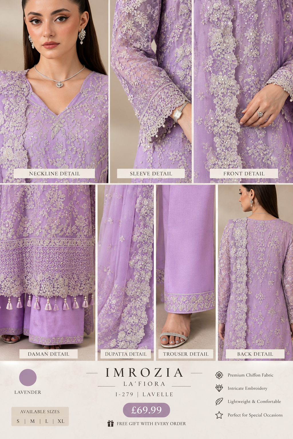 Imrozia La’Fiora I-279 Lavelle Luxury Chiffon Embroidered 3 Piece Suit – Lavender MT10