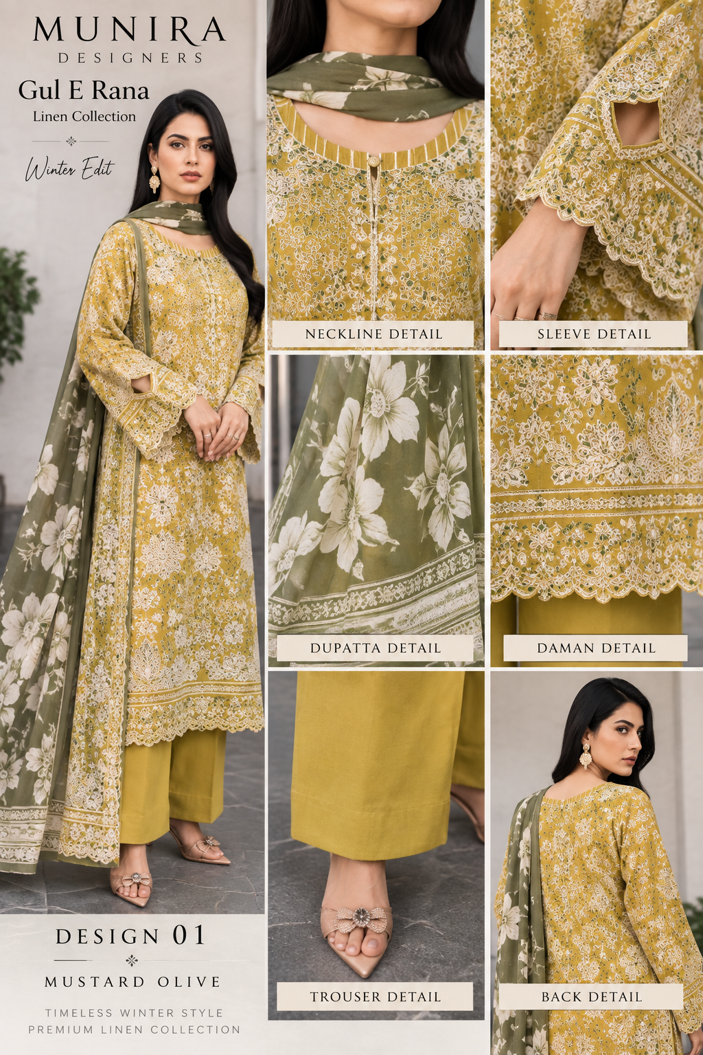 Munira Designers Gul E Rana Embroidered Linen 3 Piece Suit – Mustard Olive MT01