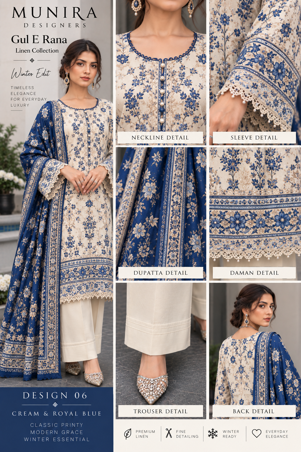 Munira Designers Gul E Rana Linen 3 Piece Suit – Cream & Royal Blue MT06